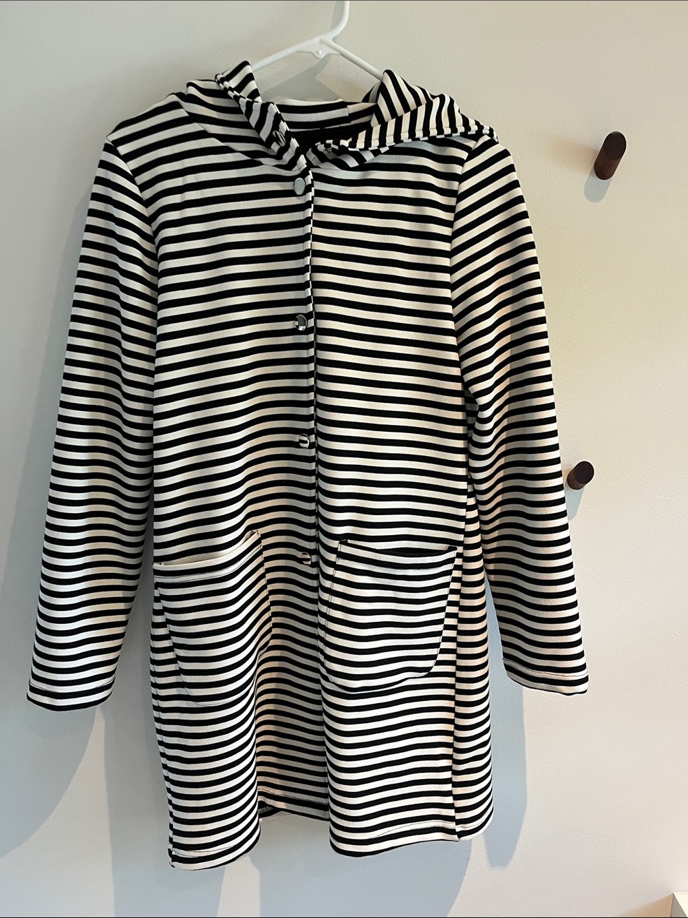 Black White Striped Hooded Jacket - S